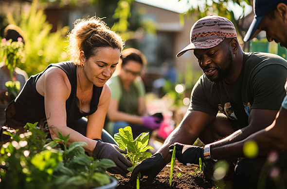 A man and a woman plant a plant in a community garden.