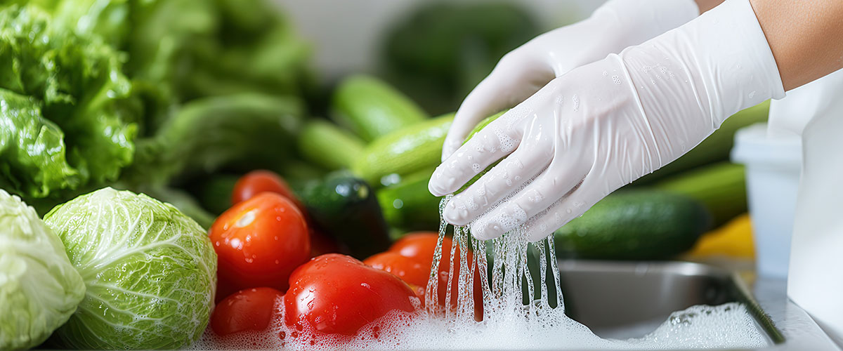 Gloved hands washing produce.