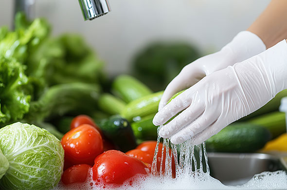 Gloved hands washing produce.
