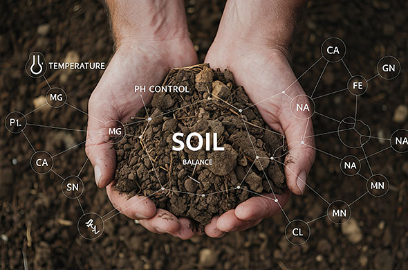 Hands holding soil with words and chemical compounds on photo.