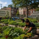 Three farmers tending green vegetable plants in raised beds at an urban farm