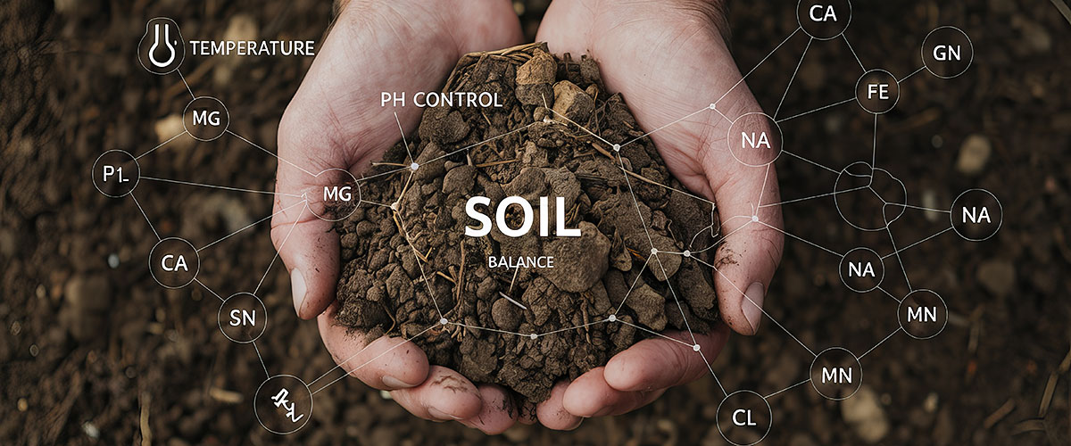 Hands holding soil with words and chemical compounds on photo.